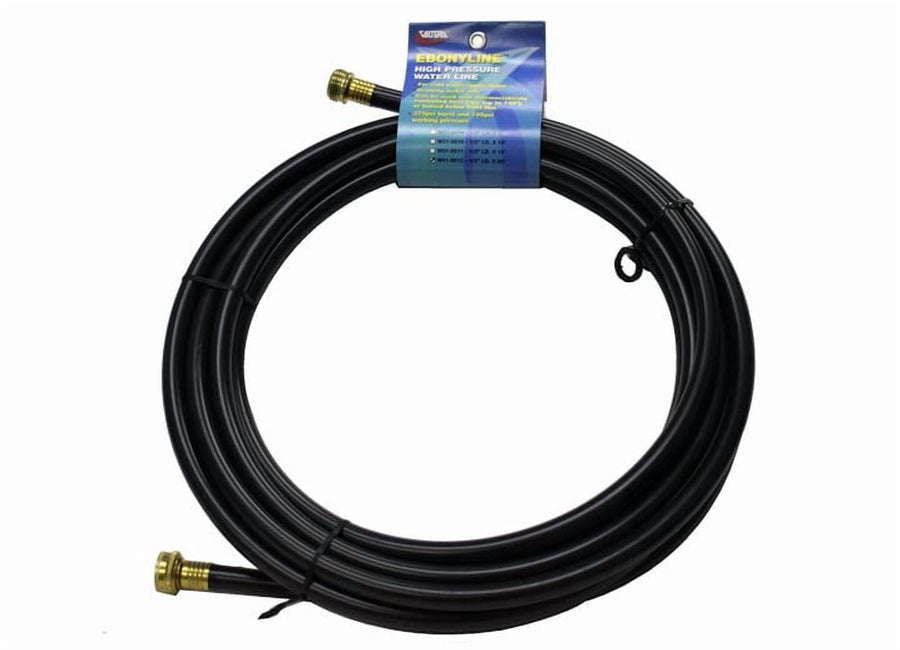 Coiled black drinking-water hose with brass threaded fittings and blue product label attached