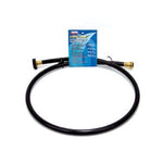 Single looped black water hose with brass connectors and a blue cardboard product label at top