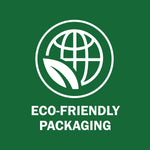 White globe and leaf icon above the text 'ECO-FRIENDLY PACKAGING' on a solid green background
