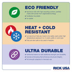 Informational infographic panels describing eco friendly, heat + cold resistant and ultra durable properties with RICK USA branding