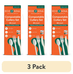 Three vertical orange ECO SOUL compostable cutlery boxes with spoons, forks, knives illustration