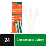 ECO SOUL compostable cutlery box displayed with a spoon, fork and serrated knife
