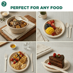 Four photo grid of plated meals showing white compostable cutlery used with different foods