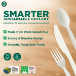 Close-up of white compostable fork, knife and spoon with ECO SOUL sustainability claims