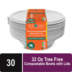 Stack of white compostable bagasse soup bowls with an orange Eco Soul branded sleeve showing size and a 30-count badge
