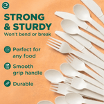Array of white compostable spoons, forks and knives on an orange background with feature text