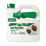 White EcoLogic plastic jug with green handle and label reading ‘Bed Bug Killer’ with illustrated bed bugs on a mattress