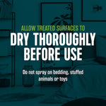 Dark teal infographic reading ‘Allow treated surfaces to dry thoroughly before use’ over a stylized bedroom background