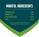 Teal infographic titled ‘Mindful Ingredients’ listing lemongrass oil, commint oil and other ingredient percentages