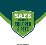 Shield-style badge graphic stating ‘Safe around children & pets’ in green and white on a teal background