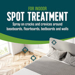 Graphic panel stating ‘For Indoor Spot Treatment’ above a bedroom corner illustration with target icons marking cracks and crevices