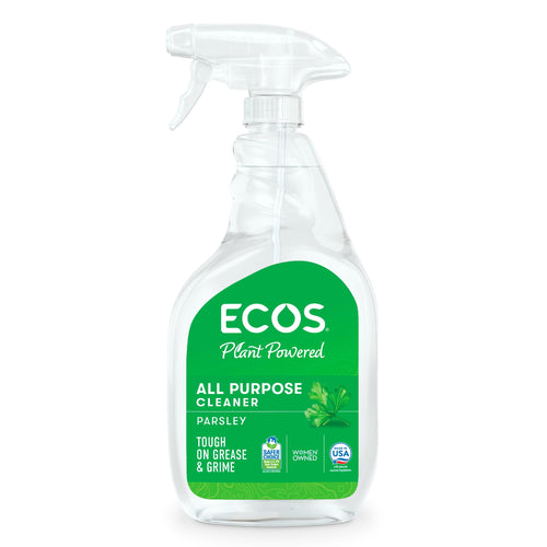Clear spray bottle with a green ECOS label reading All Purpose Cleaner, parsley scent, front-facing product shot