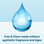 Large blue water droplet graphic above text stating Free & Clear and absence of synthetic fragrance and dyes