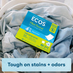 ECOS Plant Powered detergent sheets box resting on laundry in a basket with overlay text about toughness on stains