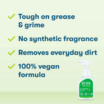 Benefit checklist graphic stating tough on grease & grime, no synthetic fragrance, removes everyday dirt, 100% vegan formula with small bottle image