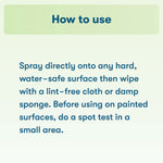 How-to-use instructional graphic advising to spray directly on hard, water-safe surfaces then wipe with a lint-free cloth or damp sponge