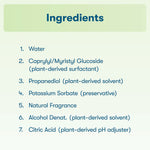 Ingredients panel graphic listing water, caprylyl/myristyl glucoside, propanediol, potassium sorbate, natural fragrance and others
