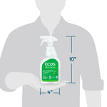 Graphic showing ECOS spray bottle held against a silhouette with measurements indicating approximately 10 inches tall