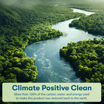 Aerial river and forest landscape with a banner reading Climate Positive Clean and explanatory text about restoring carbon, water, and energy