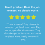 Blue customer review graphic with five yellow stars and a quote praising product performance and lack of plastic waste