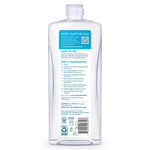 Rear view of a clear ECOS dish soap bottle showing ingredient panel, usage instructions and certification icons