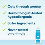 Feature graphic with check marks listing benefits: cuts through grease, dermatologist-tested, safer ingredients, never tested on animals