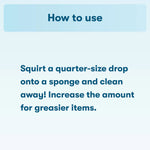 Instruction panel reading how to use: squirt a quarter-size drop onto a sponge and clean away in bold blue text