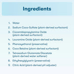 Ingredients panel listing nine ingredients including water and plant-derived surfactants on a pale blue background