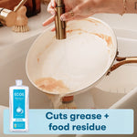 Kitchen scene showing a person rinsing a frying pan with an ECOS dish soap bottle graphic and text ‘Cuts grease + food residue’