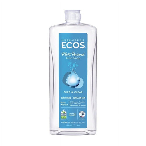 Clear plastic bottle of ECOS Dishmate plant-powered dish soap with blue front label reading Free & Clear