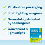 Graphic checklist highlighting plastic-free packaging, stain fighting enzymes and dermatologist-tested claim