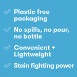 Blue infographic panel listing product benefits: plastic free packaging, no spills, convenient and stain fighting power