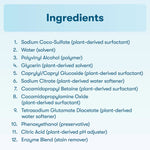 Ingredients list panel showing numbered components including surfactants, glycerin and enzyme blend
