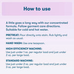 Instruction panel graphic titled “How to use” with dosing guidance for laundry and hand wash