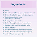 Ingredients panel graphic listing components such as water, surfactants, preservatives and fragrance