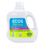 Clear jug of ECOS plant-powered lavender liquid laundry detergent with front label and handle