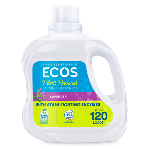 Clear jug of ECOS plant-powered lavender liquid laundry detergent with front label and handle