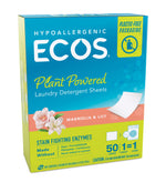 Blue and green ECOS box of plant powered magnolia & lily laundry detergent sheets with product claims on front