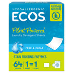 Front-facing ECOS Plant Powered laundry detergent sheets box with blue and lime design and droplet graphic