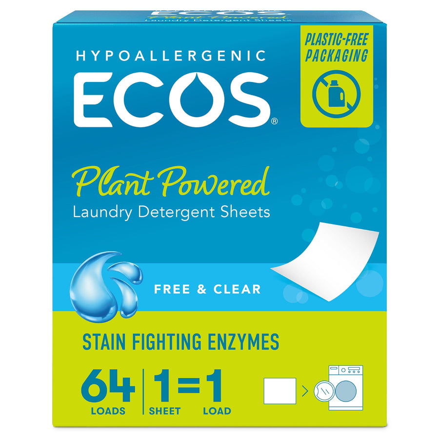 Front-facing ECOS Plant Powered laundry detergent sheets box with blue and lime design and droplet graphic