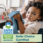 Lifestyle photo of a child at a sink holding a cloth, overlaid with a Safer Choice Certified badge and certification text