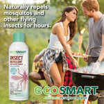 Backyard barbecue scene with people and a prominent EcoSmart insect repellent can in the corner