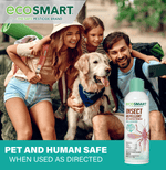 Smiling family with dog posed outdoors and EcoSmart insect repellent bottle shown in foreground