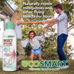 Family playing outdoors with EcoSmart insect repellent bottle shown and brand logo at bottom