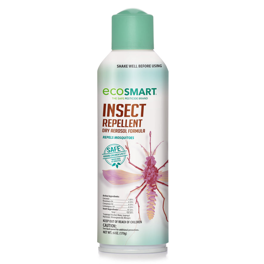Tall aerosol can of EcoSmart Insect Repellent with mint-green cap and insect illustration