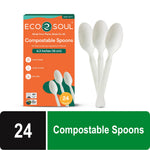 EcoSoul branded box of compostable spoons next to three white compostable spoons on a white background