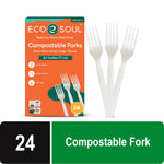 Boxed EcoSoul compostable forks display with three beige plant-based forks and a green-orange package showing 24 count badge.