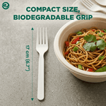 Single compostable EcoSoul fork shown next to a bowl of noodles with an arrow measuring 17 cm (6.7") and text about biodegradable grip.