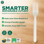 Close-up single EcoSoul compostable fork upright on a warm background with text stating plant-based PLA, durable design, and food-safe finish.