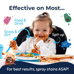 Infographic with messy toddler eating and text 'Effective on Most...' calling out food, grass & spit-up with product branding
